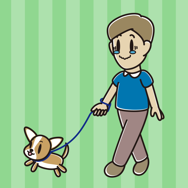 犬の散歩でジーンとする男性のイラスト【色、背景あり】PNG