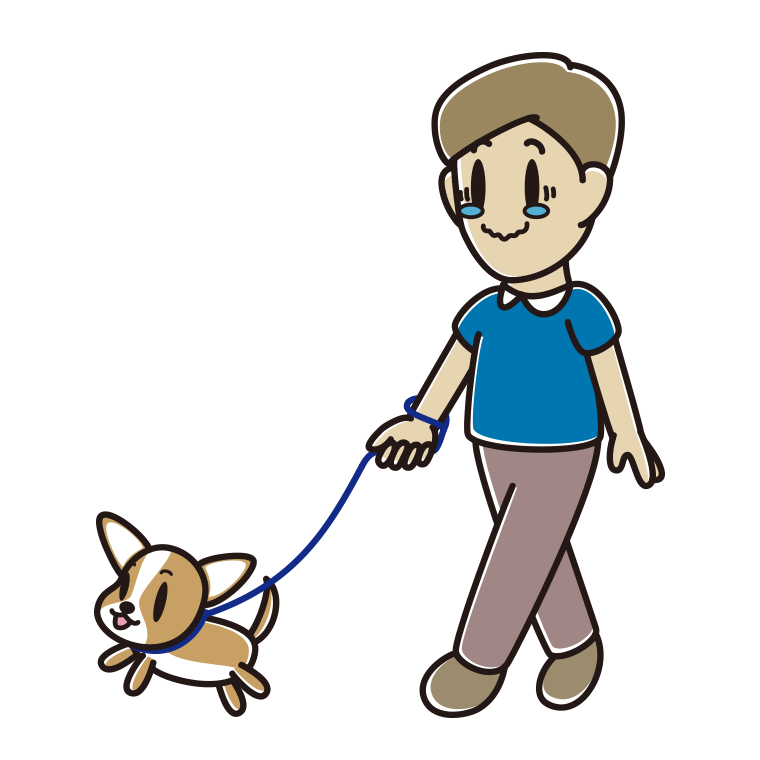 犬の散歩でジーンとする男性のイラスト【色あり、背景なし】透過PNG