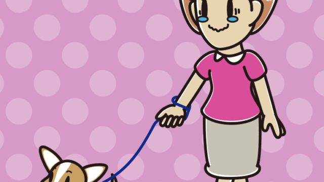 犬の散歩でジーンとする女性のイラスト【色、背景あり】PNG