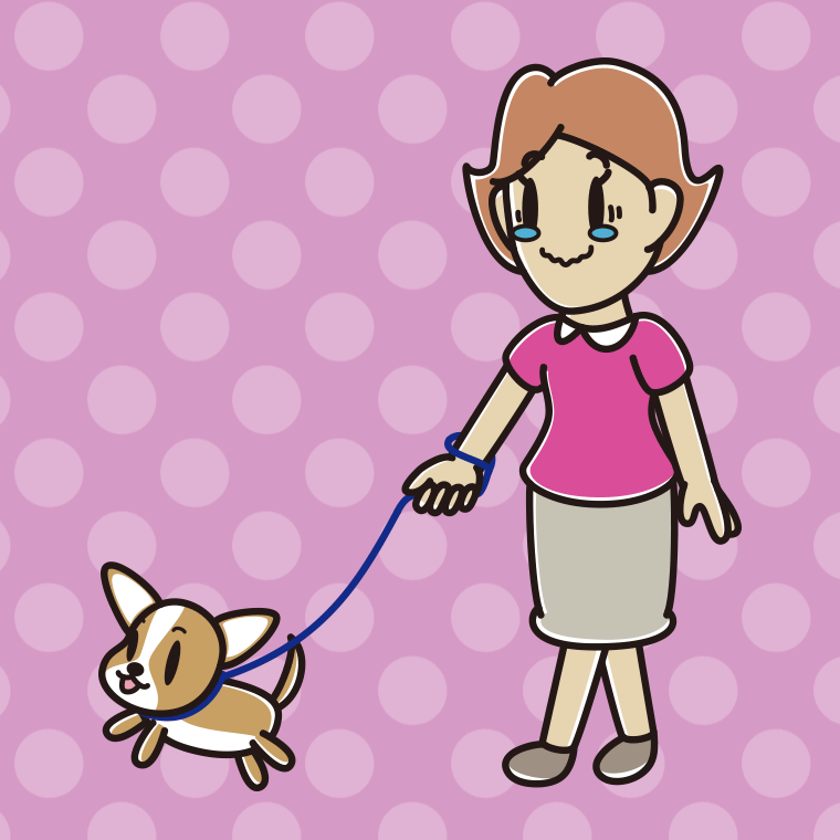 犬の散歩でジーンとする女性のイラスト【色、背景あり】PNG