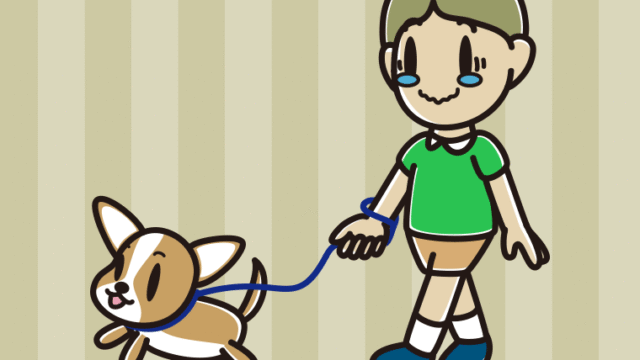 犬の散歩でジーンとする小学生男子のイラスト【色、背景あり】PNG