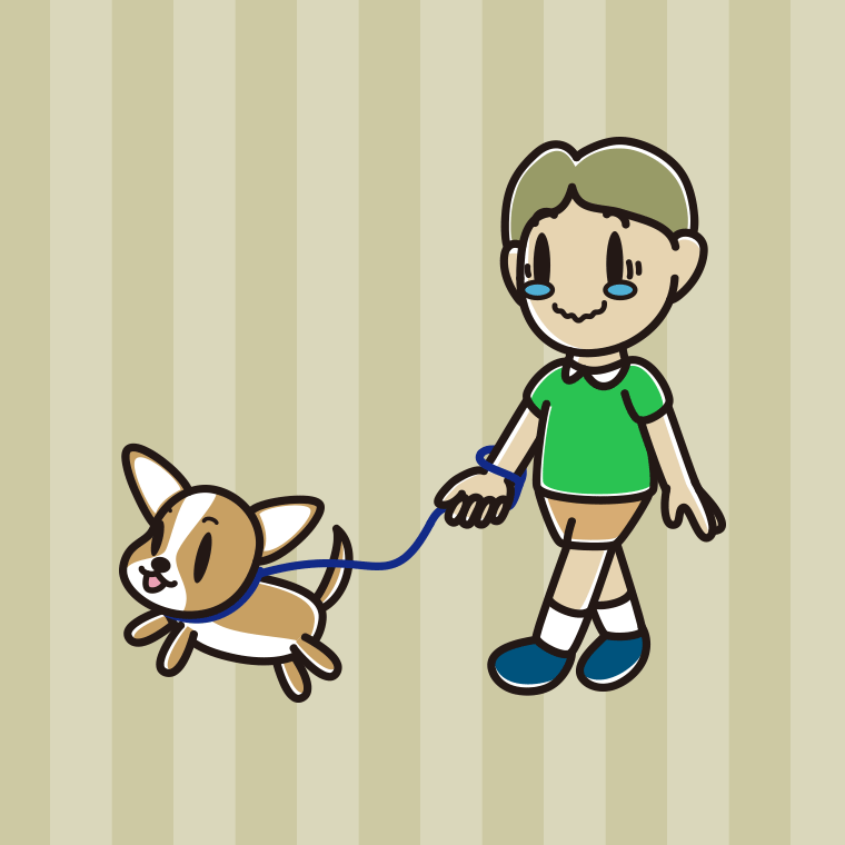 犬の散歩でジーンとする小学生男子のイラスト【色、背景あり】PNG