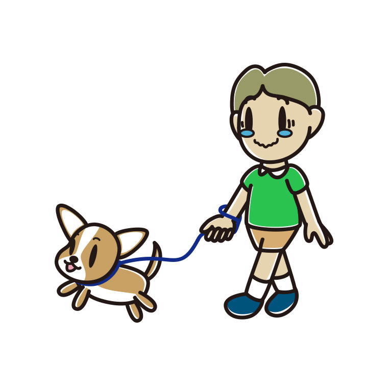 犬の散歩でジーンとする小学生男子のイラスト【色あり、背景なし】透過PNG