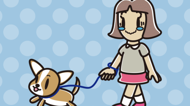 犬の散歩でジーンとする小学生女子のイラスト【色、背景あり】PNG