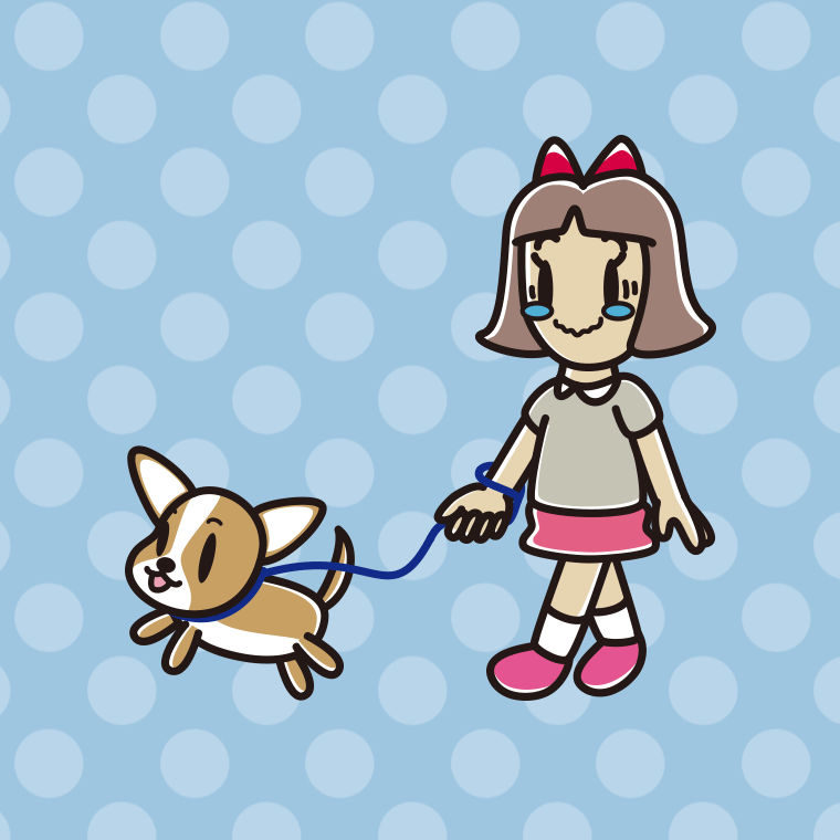 犬の散歩でジーンとする小学生女子のイラスト【色、背景あり】PNG