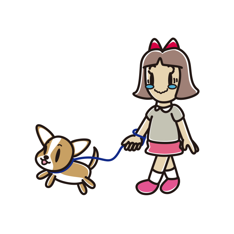 犬の散歩でジーンとする小学生女子のイラスト【色あり、背景なし】透過PNG