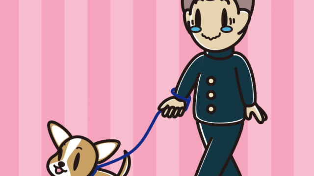 犬の散歩でジーンとする男子中学生のイラスト【色、背景あり】PNG