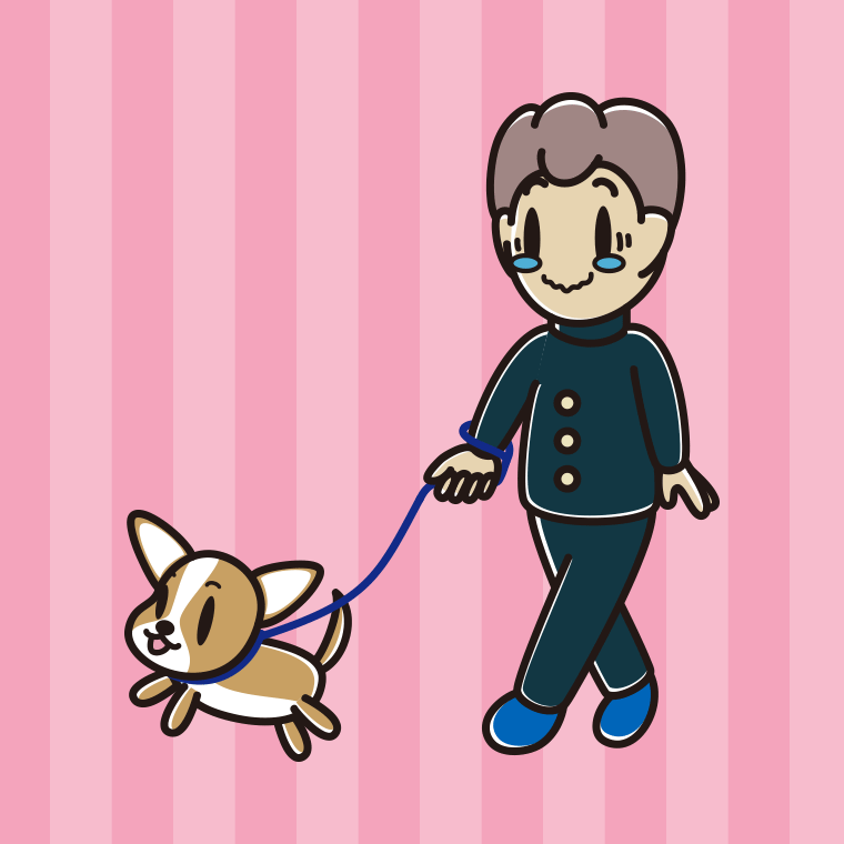 犬の散歩でジーンとする男子中学生のイラスト【色、背景あり】PNG