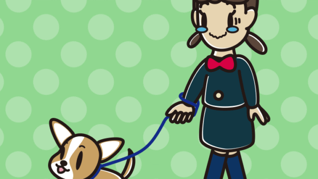 犬の散歩でジーンとする女子中学生のイラスト【色、背景あり】PNG