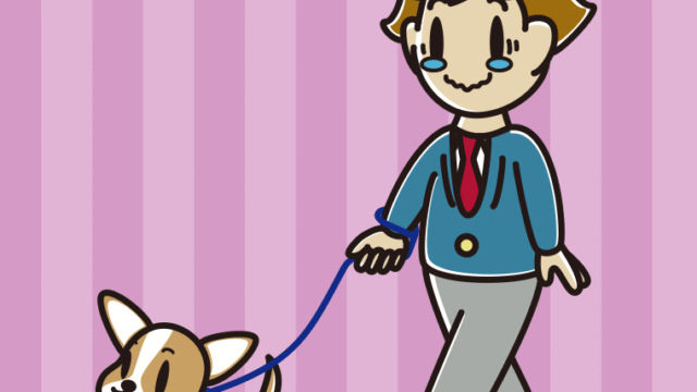 犬の散歩でジーンとする男子高校生のイラスト【色、背景あり】PNG