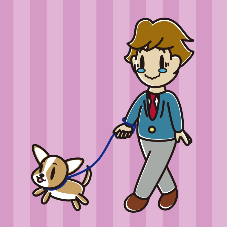 犬の散歩でジーンとする男子高校生のイラスト【色、背景あり】PNG