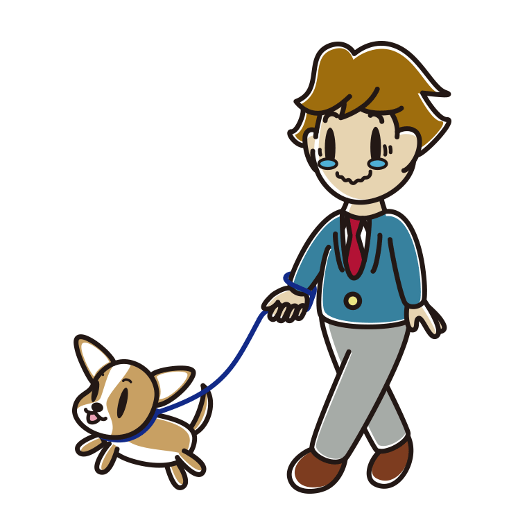 犬の散歩でジーンとする男子高校生のイラスト【色あり、背景なし】透過PNG