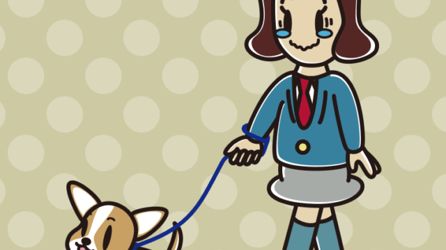 犬の散歩でジーンとする女子高校生のイラスト【色、背景あり】PNG