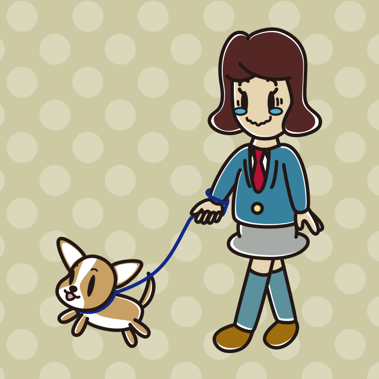 犬の散歩でジーンとする女子高校生のイラスト【色、背景あり】PNG