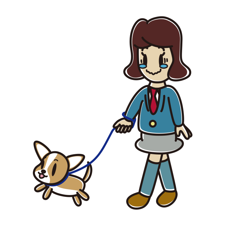 犬の散歩でジーンとする女子高校生のイラスト【色あり、背景なし】透過PNG