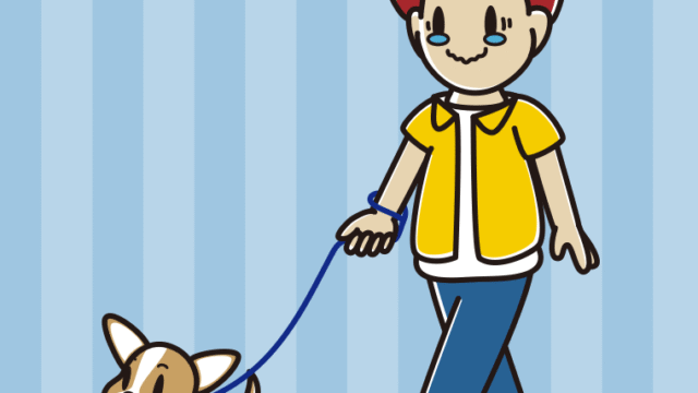 犬の散歩でジーンとする男子大学生のイラスト【色、背景あり】PNG