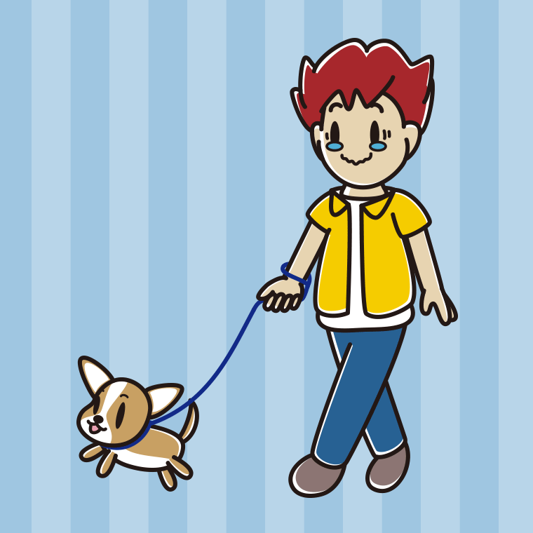 犬の散歩でジーンとする男子大学生のイラスト【色、背景あり】PNG