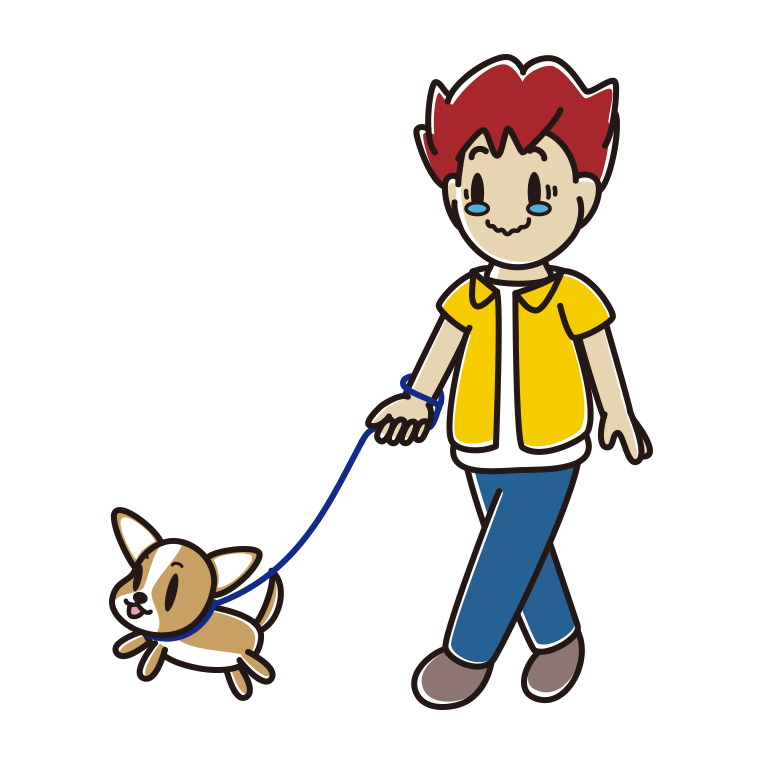 犬の散歩でジーンとする男子大学生のイラスト【色あり、背景なし】透過PNG