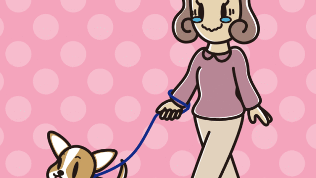 犬の散歩でジーンとする女子大学生のイラスト【色、背景あり】PNG