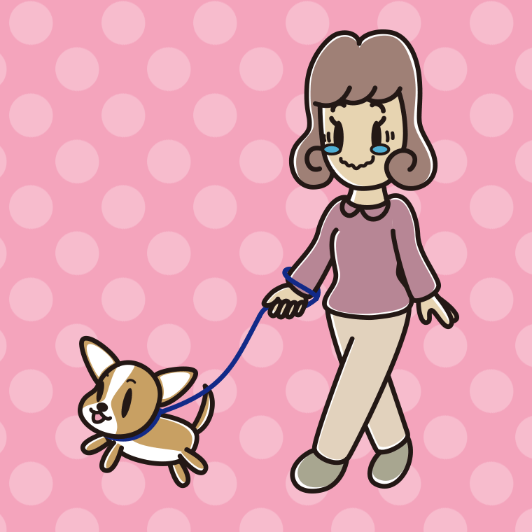 犬の散歩でジーンとする女子大学生のイラスト【色、背景あり】PNG