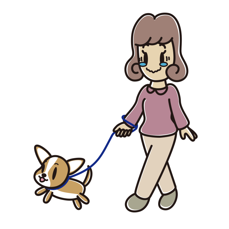 犬の散歩でジーンとする女子大学生のイラスト【色あり、背景なし】透過PNG