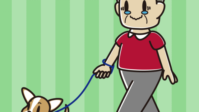犬の散歩でジーンとするおじさんのイラスト【色、背景あり】PNG