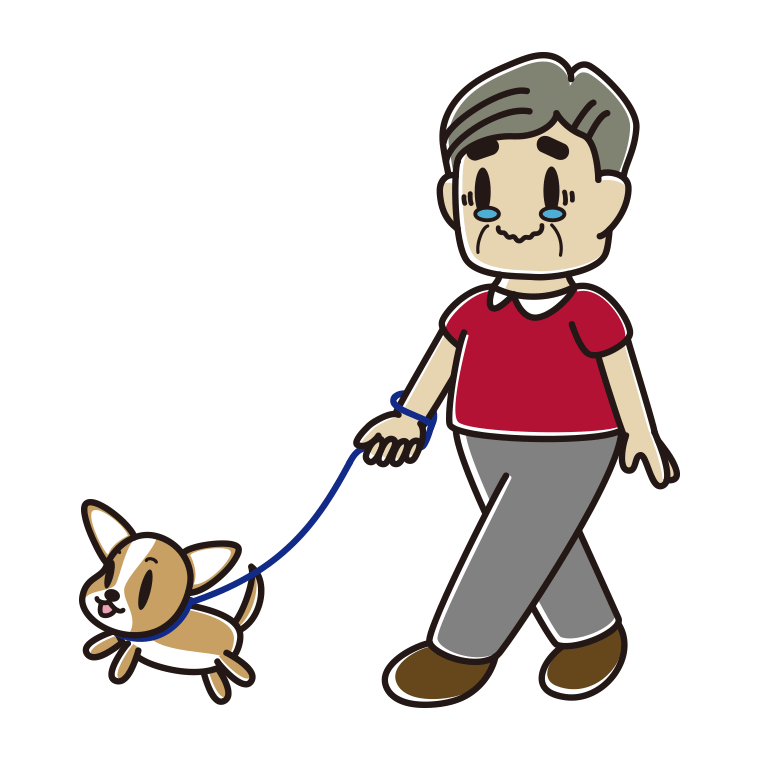 犬の散歩でジーンとするおじさんのイラスト【色あり、背景なし】透過PNG