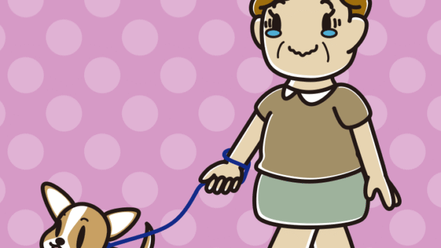 犬の散歩でジーンとするおばさんのイラスト【色、背景あり】PNG