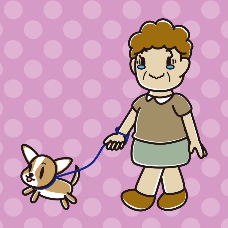 犬の散歩でジーンとするおばさんのイラスト【色、背景あり】PNG