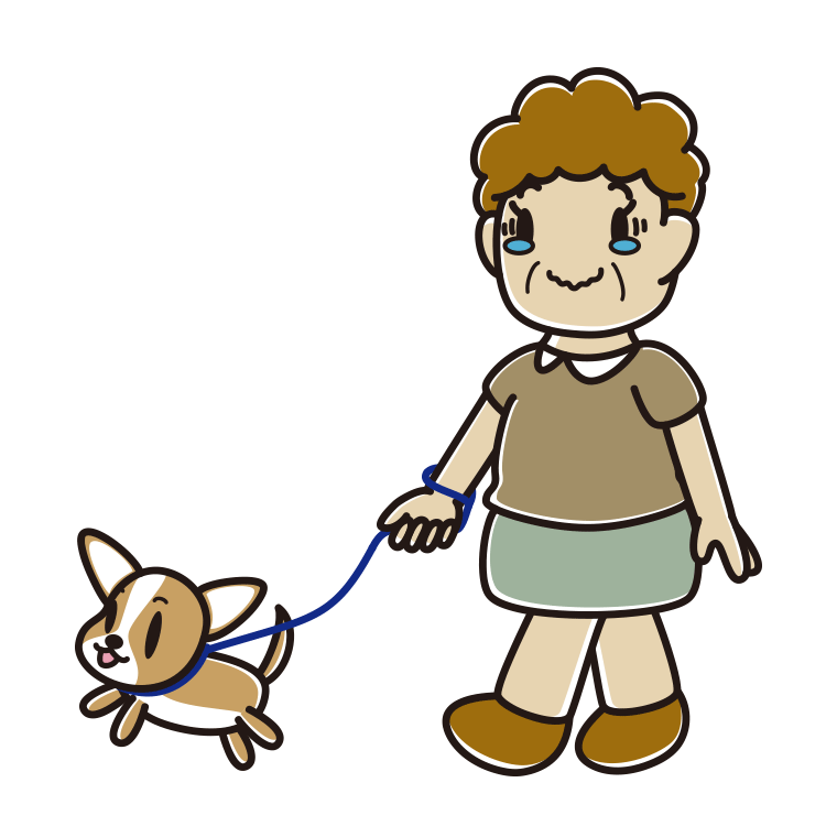 犬の散歩でジーンとするおばさんのイラスト【色あり、背景なし】透過PNG