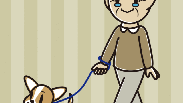 犬の散歩でジーンとするおじいさんのイラスト【色、背景あり】PNG