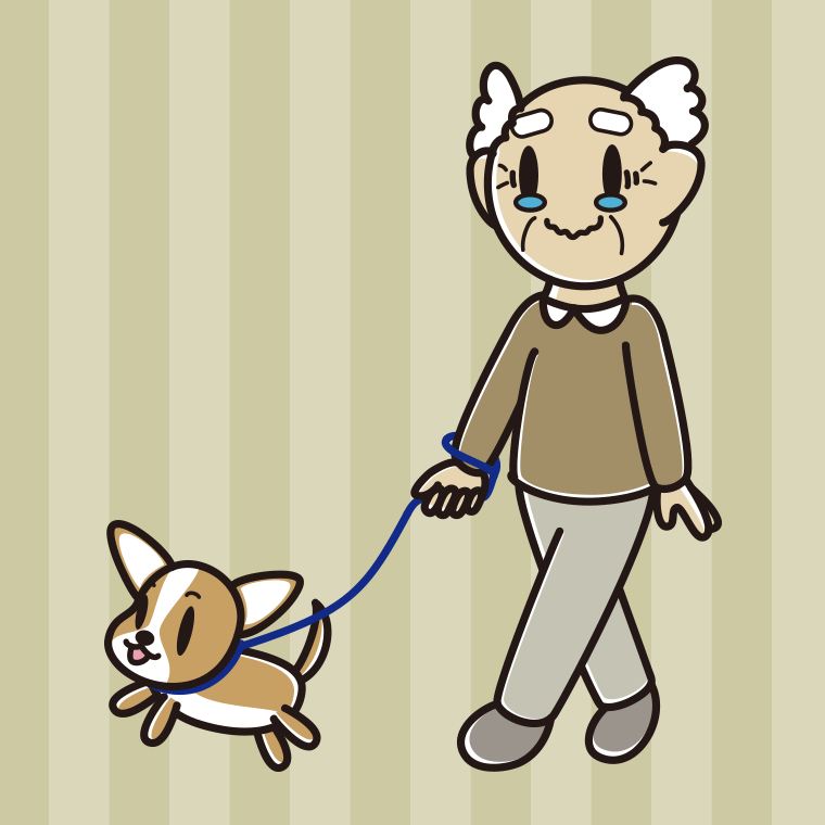 犬の散歩でジーンとするおじいさんのイラスト【色、背景あり】PNG
