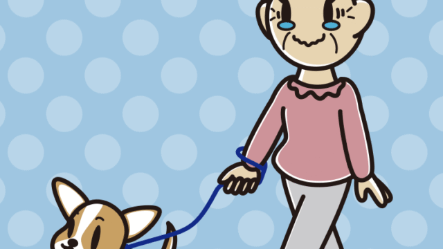 犬の散歩でジーンとするおばあさんのイラスト【色、背景あり】PNG