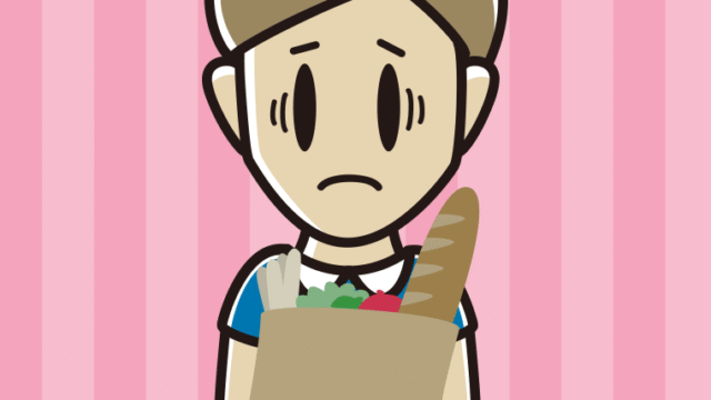 買い物袋を持って困る男性のイラスト【色、背景あり】PNG