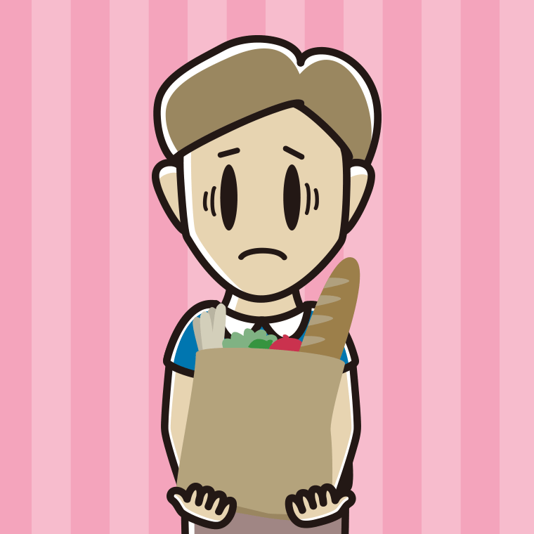 買い物袋を持って困る男性のイラスト【色、背景あり】PNG