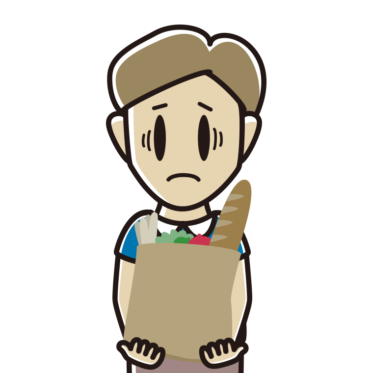 買い物袋を持って困る男性のイラスト【色あり、背景なし】透過PNG