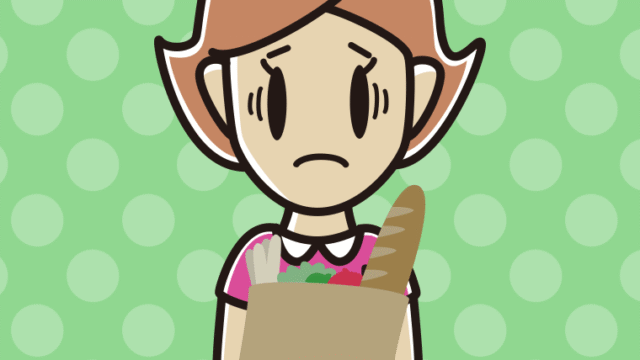 買い物袋を持って困る女性のイラスト【色、背景あり】PNG