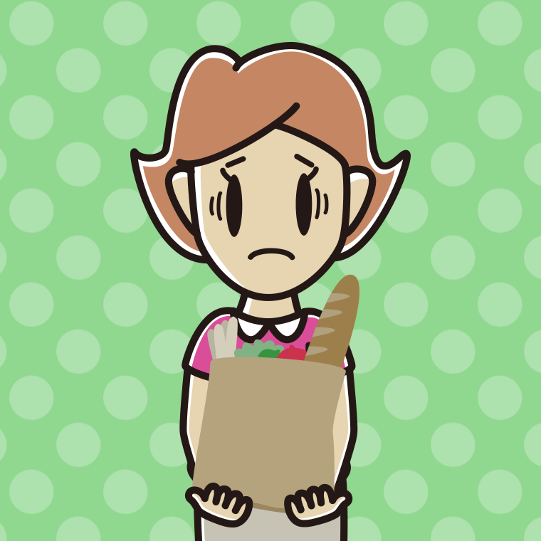 買い物袋を持って困る女性のイラスト【色、背景あり】PNG