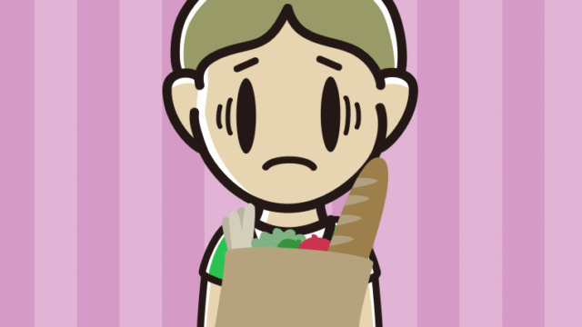 買い物袋を持って困る小学生男子のイラスト【色、背景あり】PNG