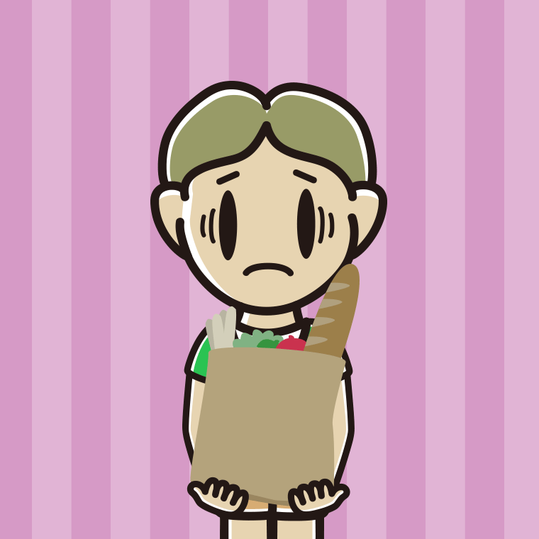 買い物袋を持って困る小学生男子のイラスト【色、背景あり】PNG