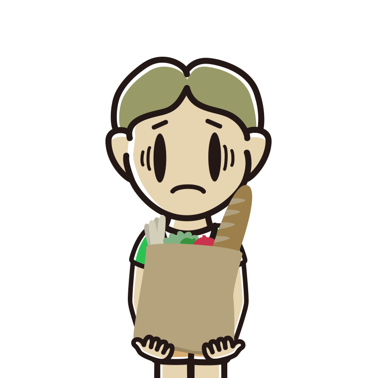 買い物袋を持って困る小学生男子のイラスト【色あり、背景なし】透過PNG