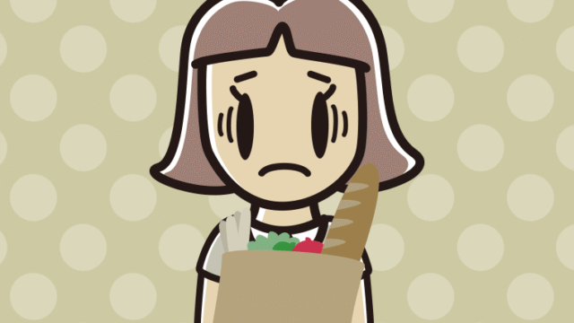 買い物袋を持って困る小学生女子のイラスト【色、背景あり】PNG