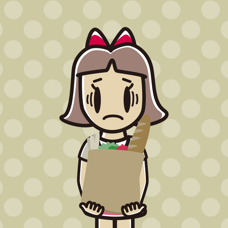 買い物袋を持って困る小学生女子のイラスト【色、背景あり】PNG