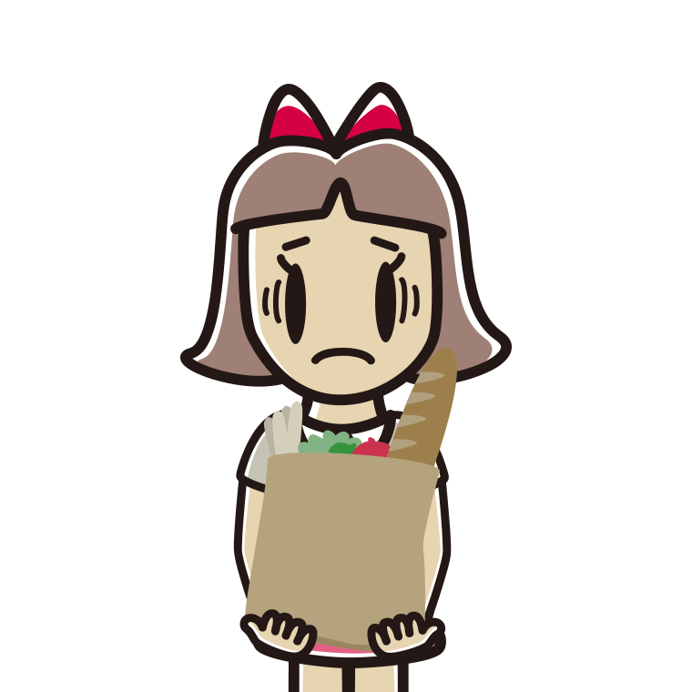 買い物袋を持って困る小学生女子のイラスト【色あり、背景なし】透過PNG