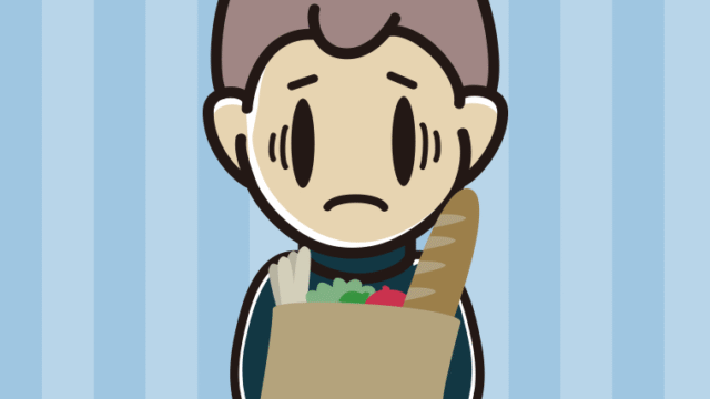 買い物袋を持って困る男子中学生のイラスト【色、背景あり】PNG