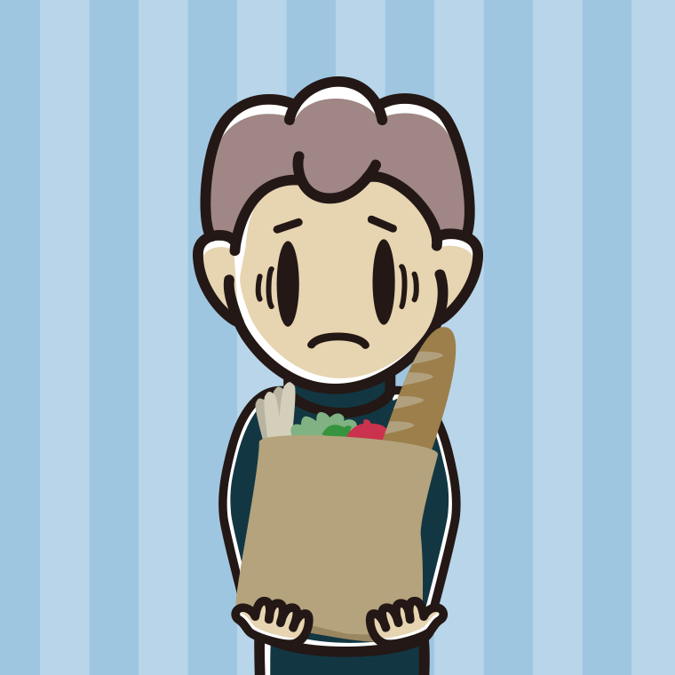 買い物袋を持って困る男子中学生のイラスト【色、背景あり】PNG