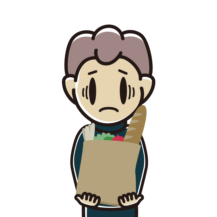 買い物袋を持って困る男子中学生のイラスト【色あり、背景なし】透過PNG