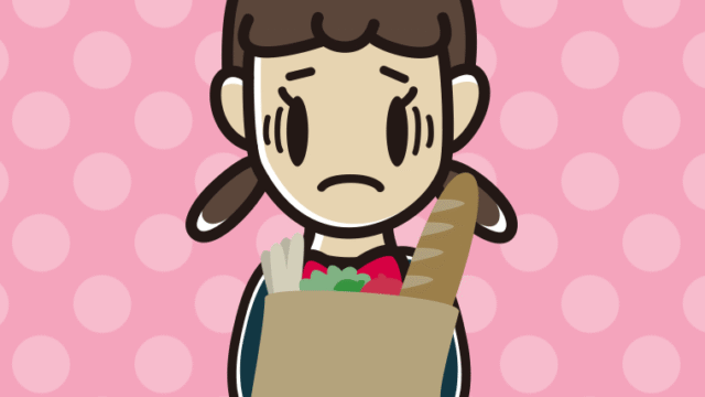 買い物袋を持って困る女子中学生のイラスト【色、背景あり】PNG