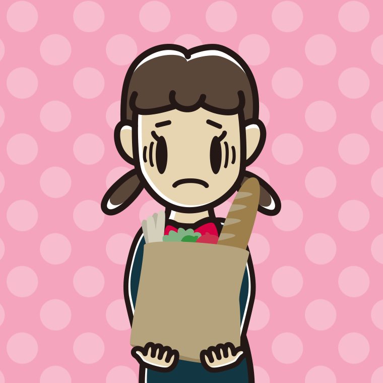 買い物袋を持って困る女子中学生のイラスト【色、背景あり】PNG