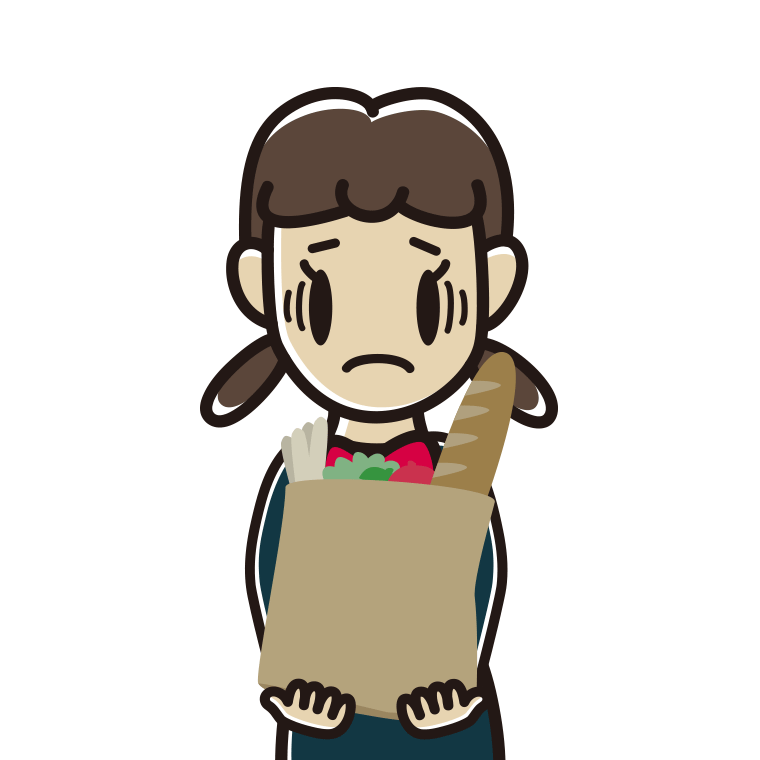 買い物袋を持って困る女子中学生のイラスト【色あり、背景なし】透過PNG